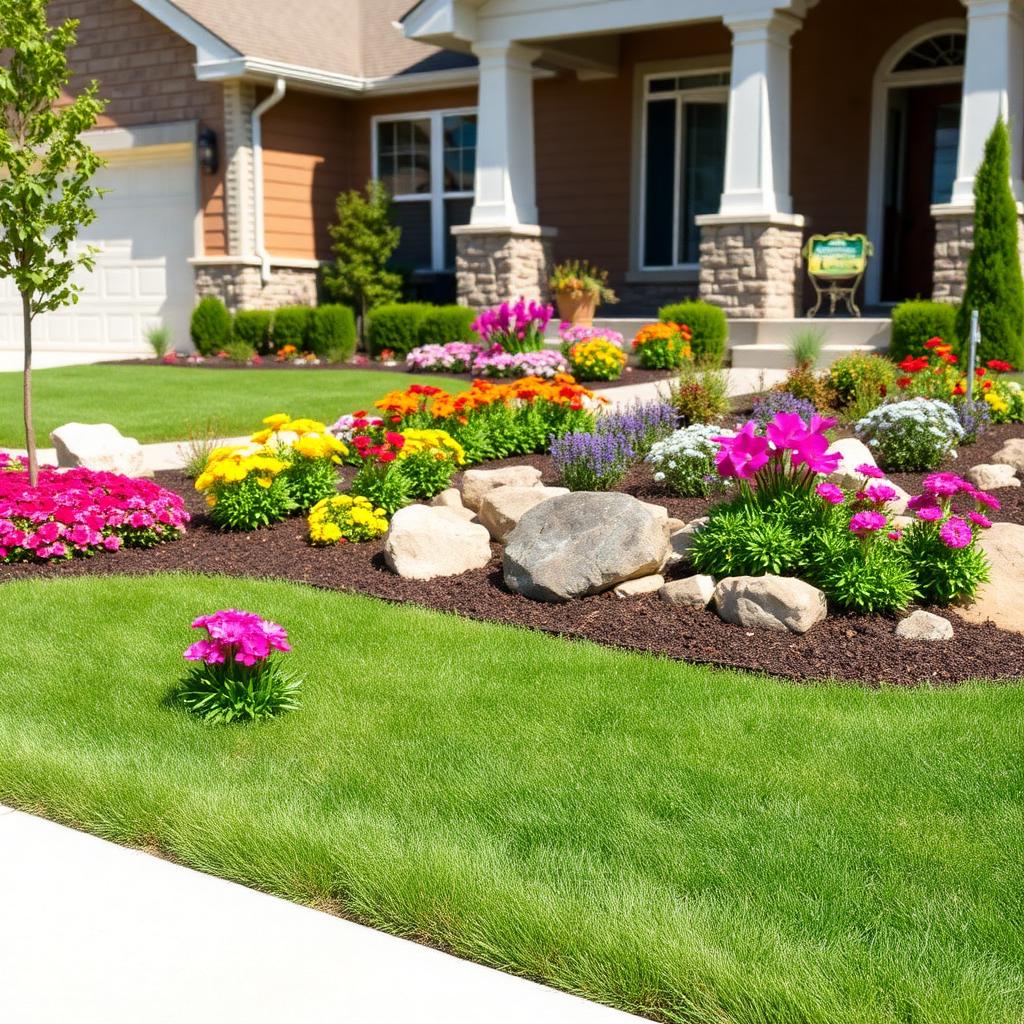Residential landscaping with colorful flowers and decorative rocks around a home