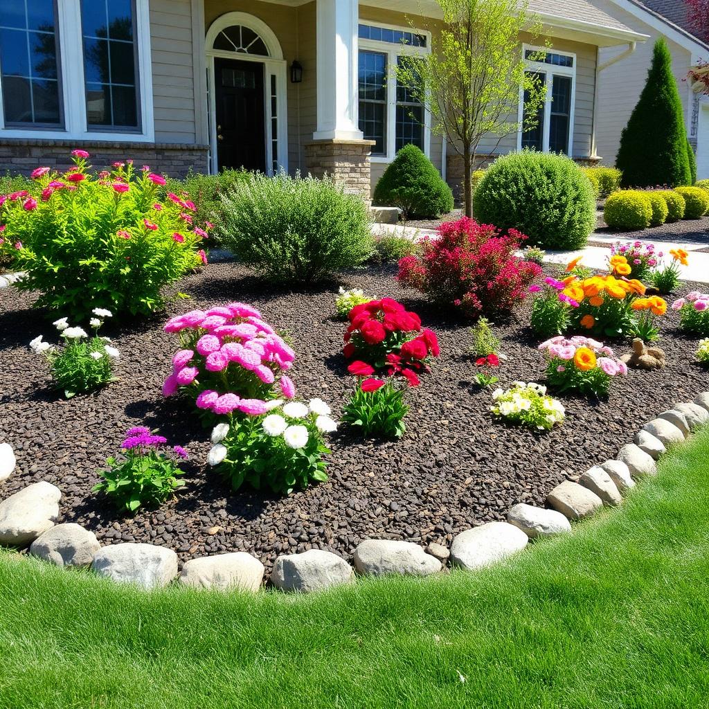 Professional flower bed landscaping with mulch, shrubs, and stone borders